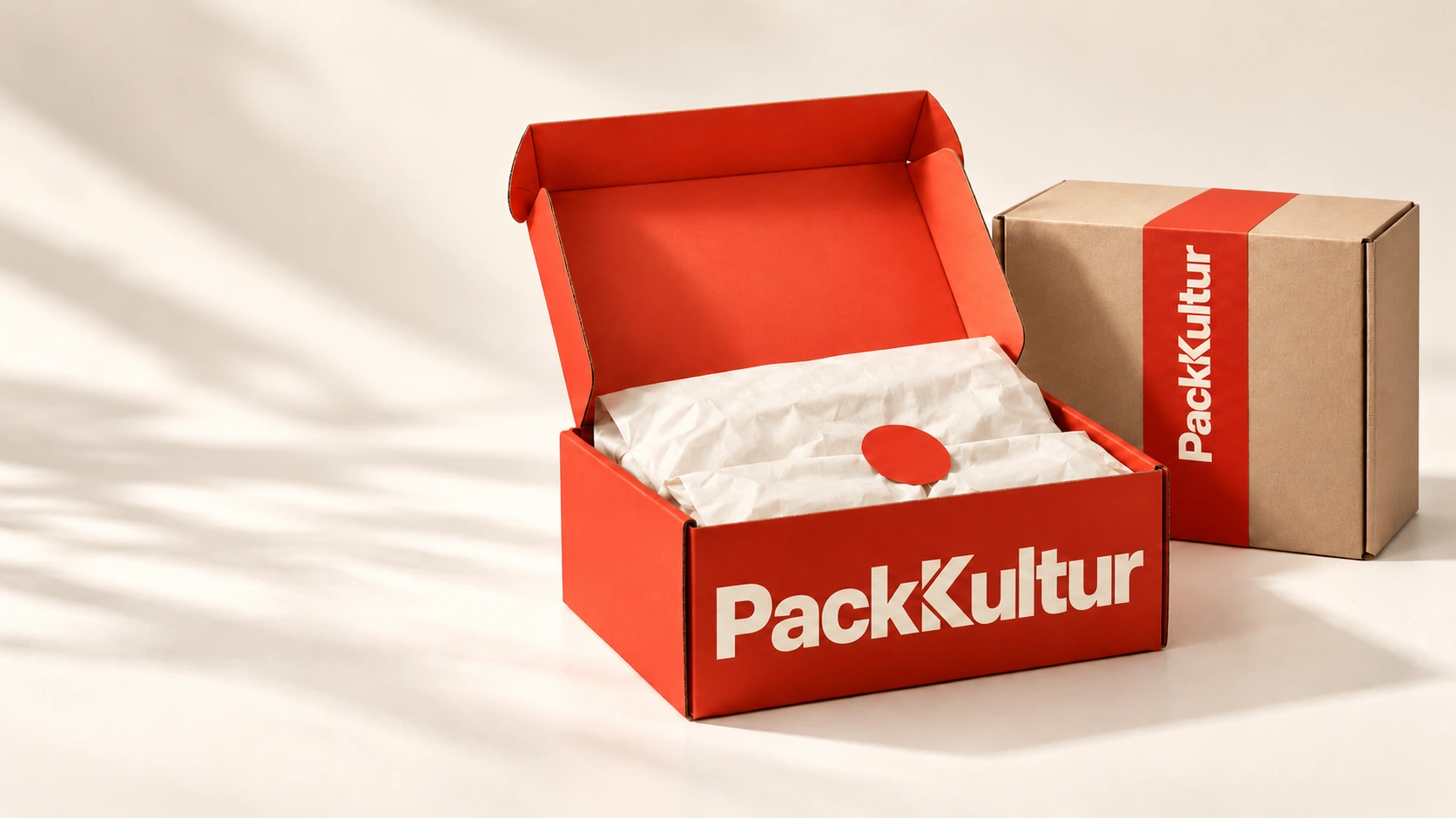 Offener zinnoberroter Versandkarton mit Seidenpapier neben einem Kraftkarton