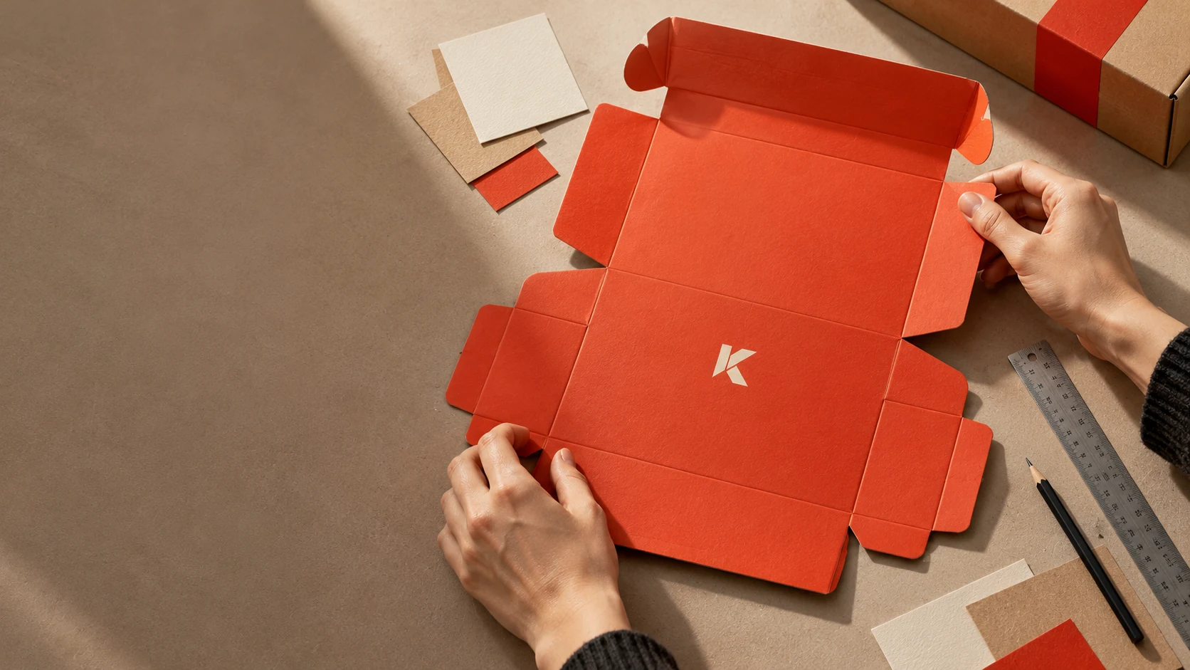 Illustratives Designkonzept: Hände formen einen roten Kartonbogen am Entwurfstisch mit Papiermustern und Lineal